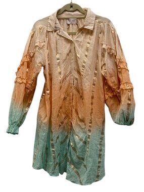 Miss June Paris Ombre Metallic Stripe Shirt Dress Peach Mint Boho Tunic one size
